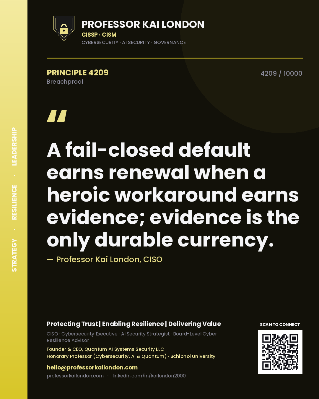Professor Kai London principle 4209: A fail-closed default earns renewal when a heroic workaround earns evidence; evidence is the only durable currency.
