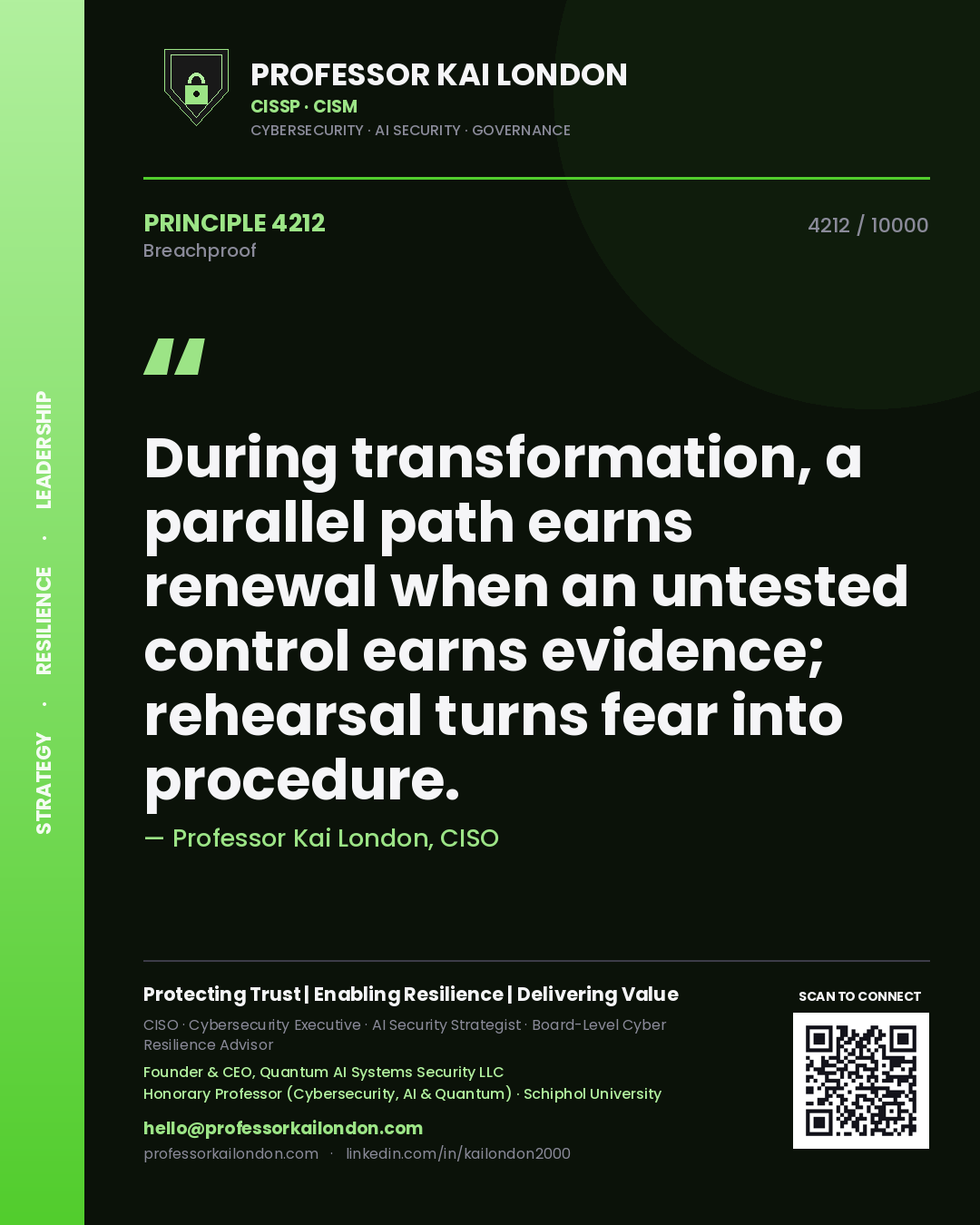 Professor Kai London principle 4212: During transformation, a parallel path earns renewal when an untested control earns evidence; rehearsal turns fear into procedure.