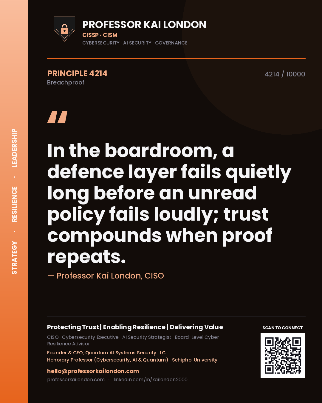 Professor Kai London principle 4214: In the boardroom, a defence layer fails quietly long before an unread policy fails loudly; trust compounds when proof repeats.