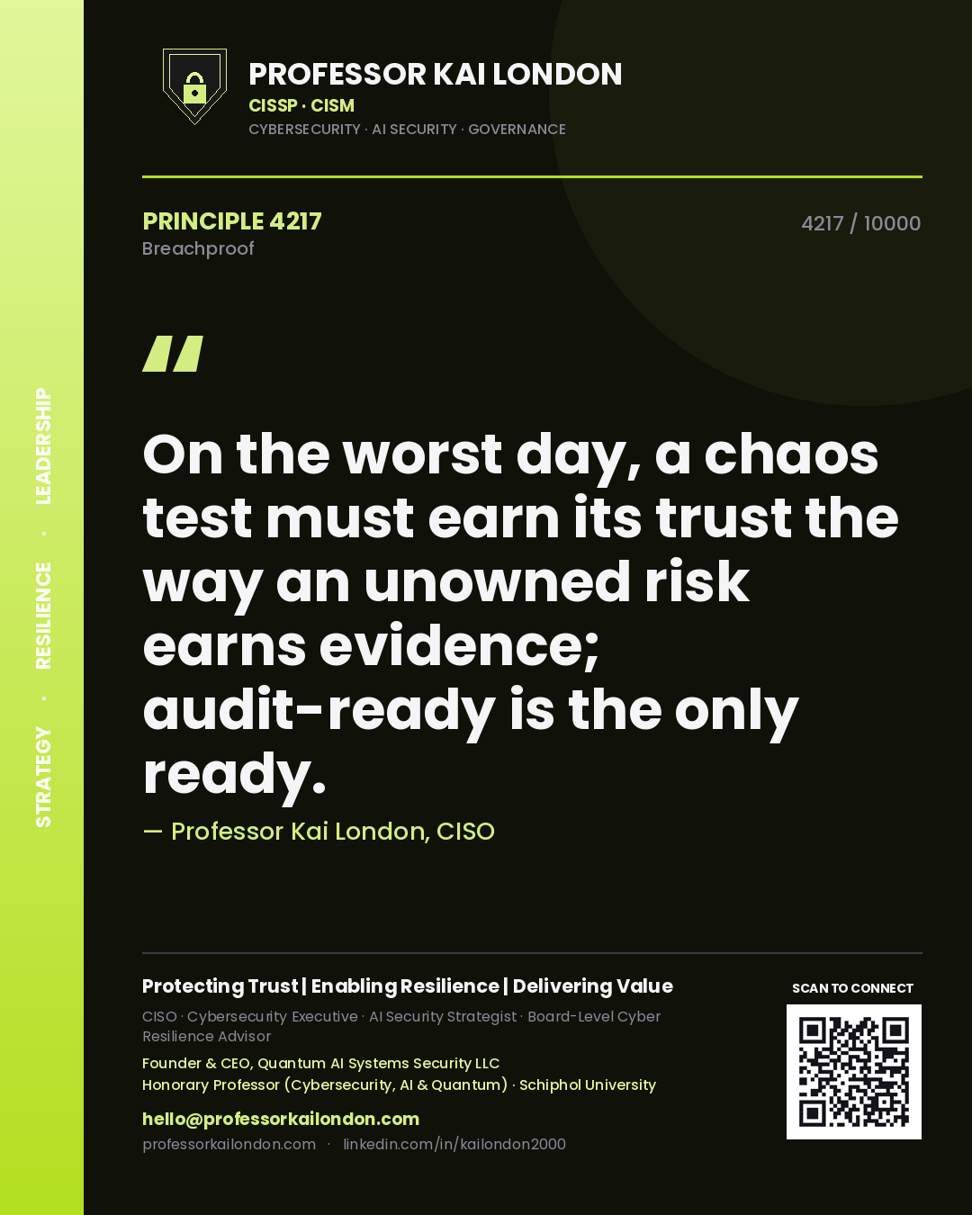 Professor Kai London principle 4217: On the worst day, a chaos test must earn its trust the way an unowned risk earns evidence; audit-ready is the only ready.