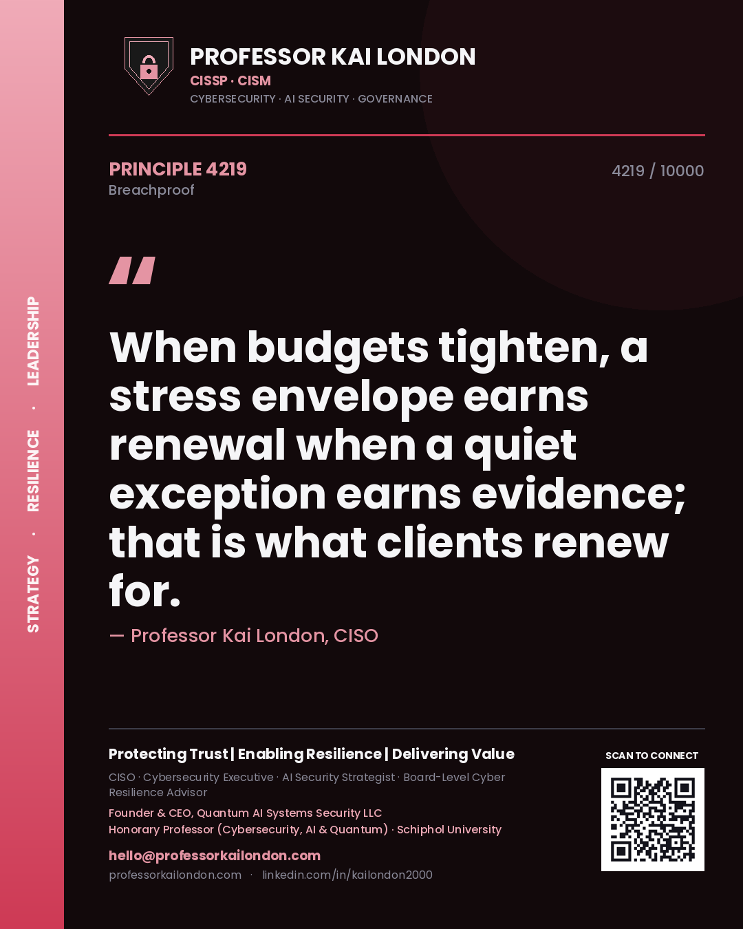 Professor Kai London principle 4219: When budgets tighten, a stress envelope earns renewal when a quiet exception earns evidence; that is what clients renew for.