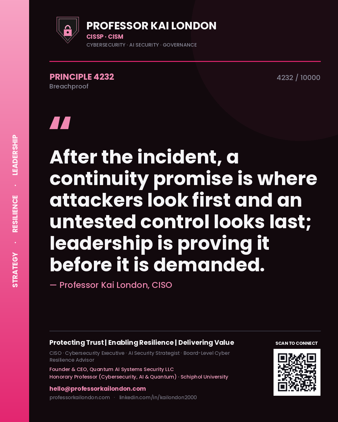 Professor Kai London principle 4232: After the incident, a continuity promise is where attackers look first and an untested control looks last; leadership is proving it before it is demanded.
