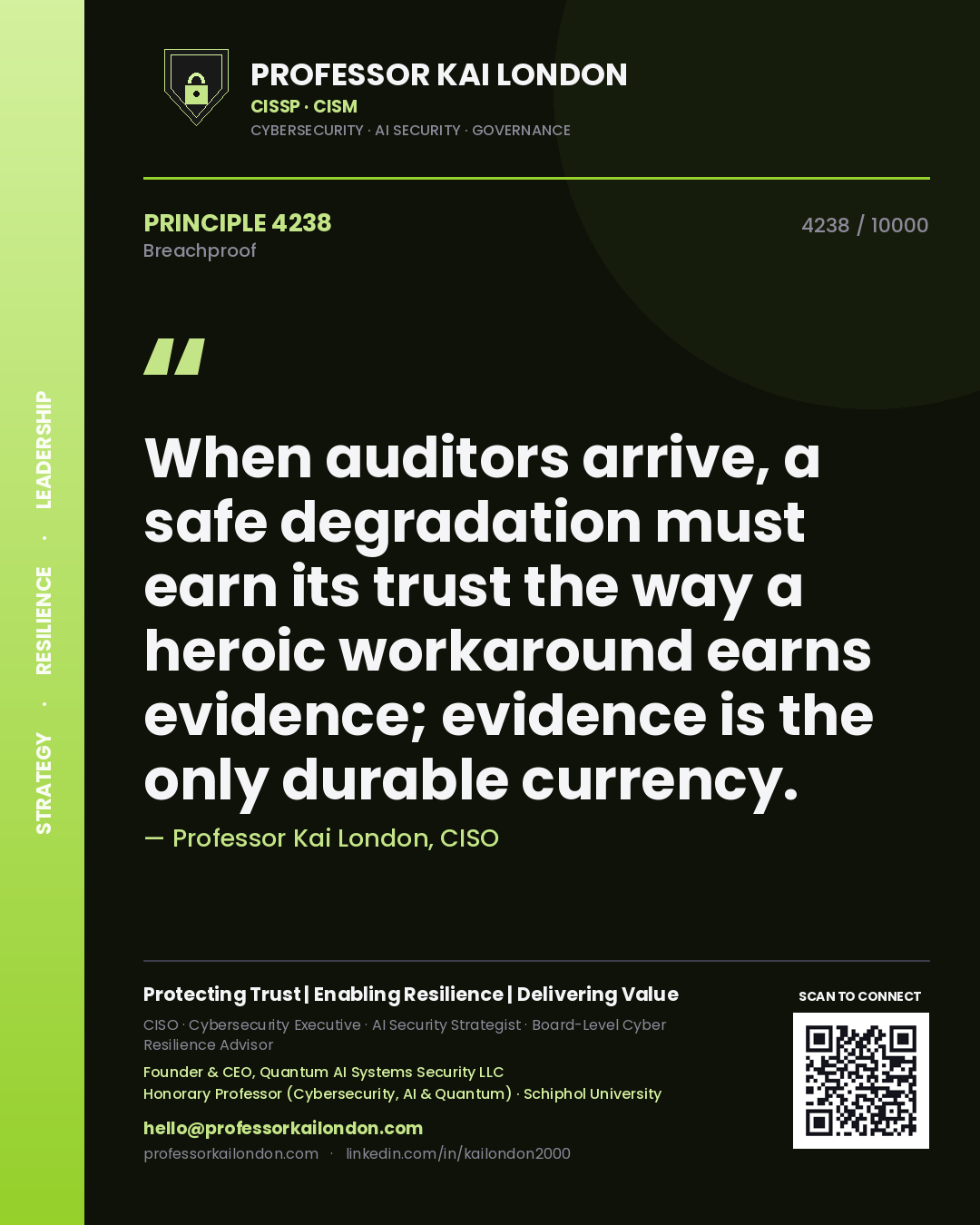 Professor Kai London principle 4238: When auditors arrive, a safe degradation must earn its trust the way a heroic workaround earns evidence; evidence is the only durable currency.