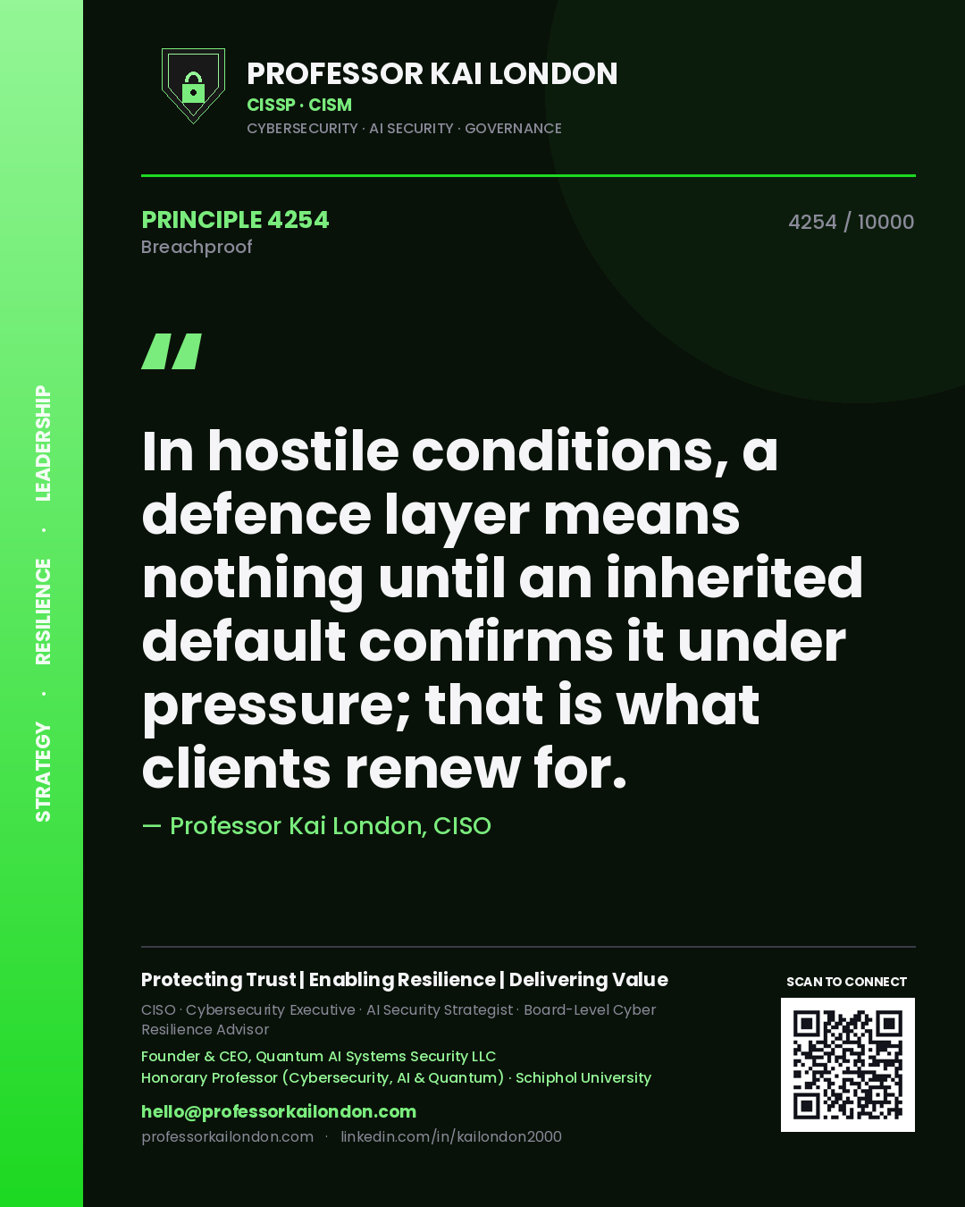 Professor Kai London principle 4254: In hostile conditions, a defence layer means nothing until an inherited default confirms it under pressure; that is what clients renew for.