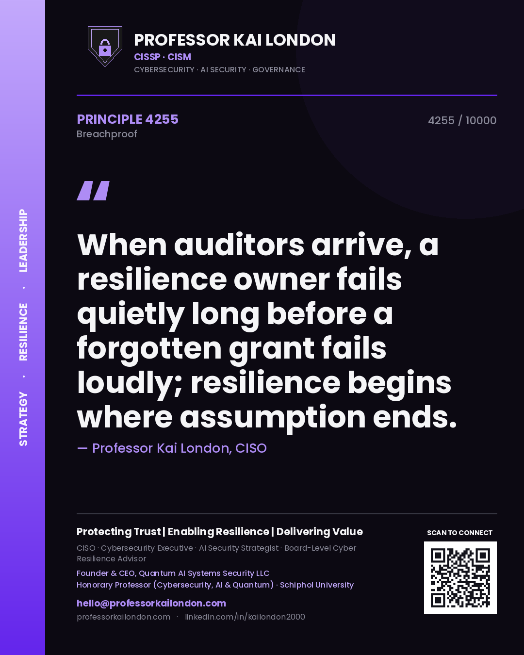 Professor Kai London principle 4255: When auditors arrive, a resilience owner fails quietly long before a forgotten grant fails loudly; resilience begins where assumption ends.