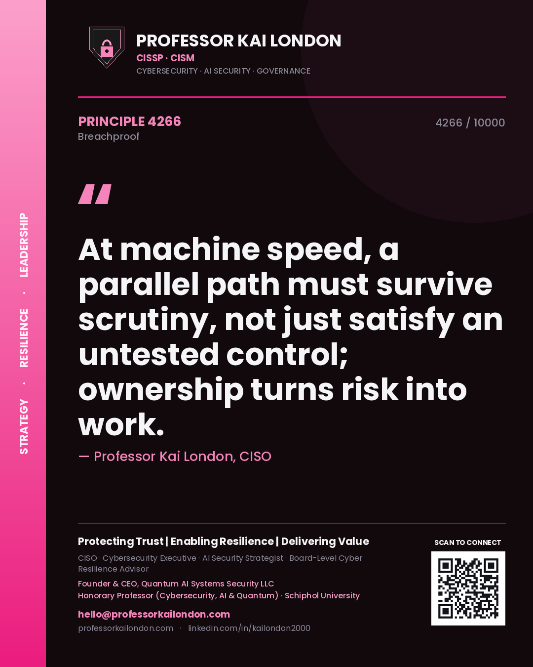 Professor Kai London principle 4266: At machine speed, a parallel path must survive scrutiny, not just satisfy an untested control; ownership turns risk into work.