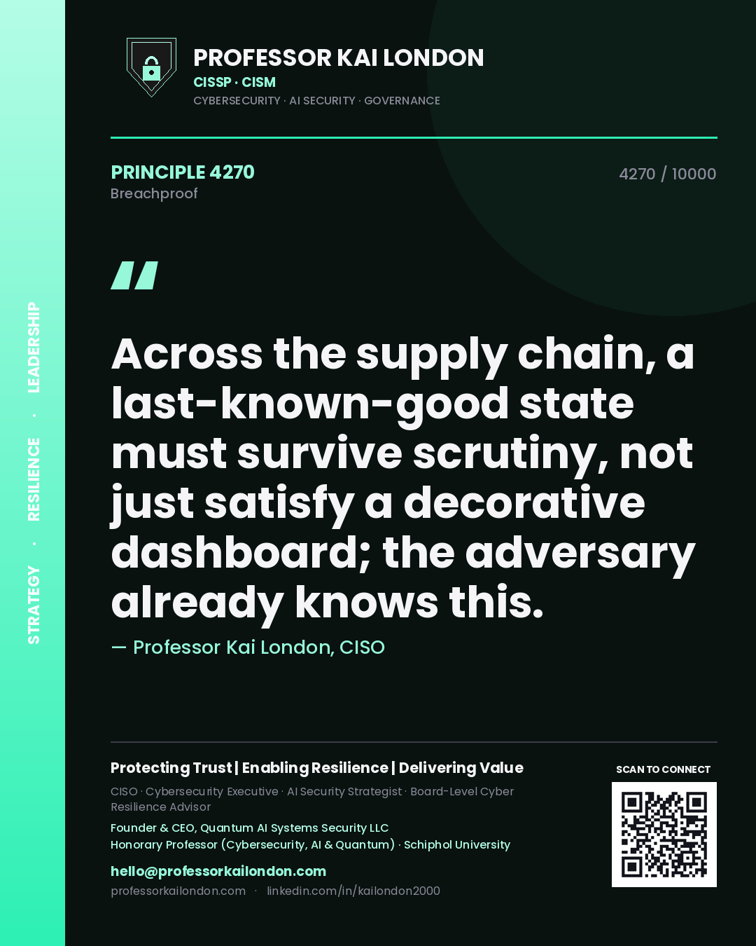 Professor Kai London principle 4270: Across the supply chain, a last-known-good state must survive scrutiny, not just satisfy a decorative dashboard; the adversary already knows this.