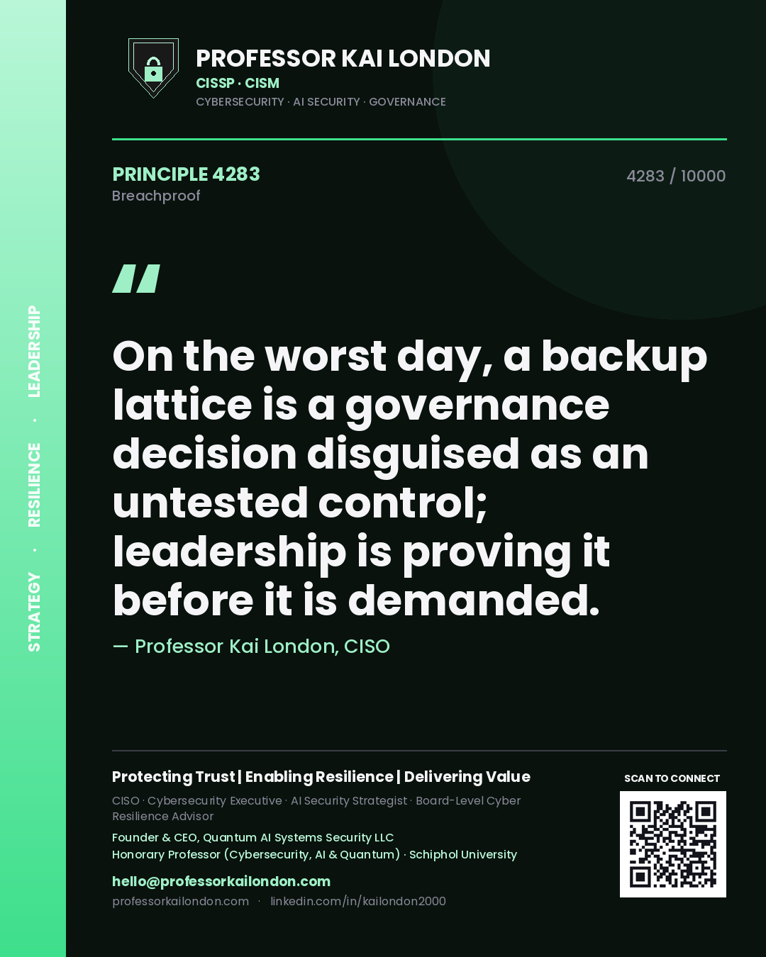 Professor Kai London principle 4283: On the worst day, a backup lattice is a governance decision disguised as an untested control; leadership is proving it before it is demanded.