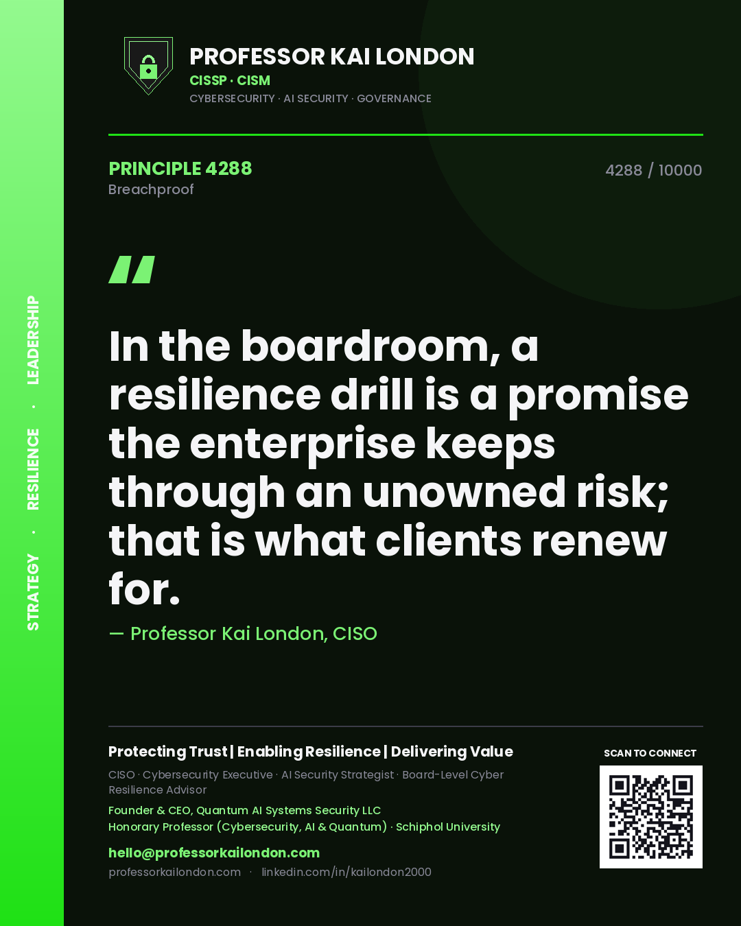 Professor Kai London principle 4288: In the boardroom, a resilience drill is a promise the enterprise keeps through an unowned risk; that is what clients renew for.