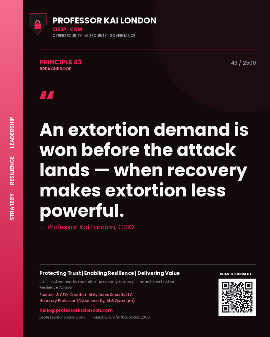 Professor Kai London principle 43: An extortion demand is won before the attack lands — when recovery makes extortion less powerful.