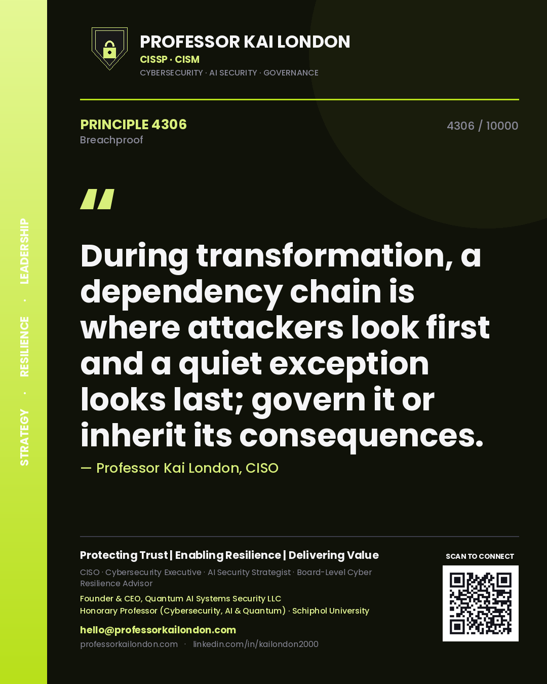 Professor Kai London principle 4306: During transformation, a dependency chain is where attackers look first and a quiet exception looks last; govern it or inherit its consequences.