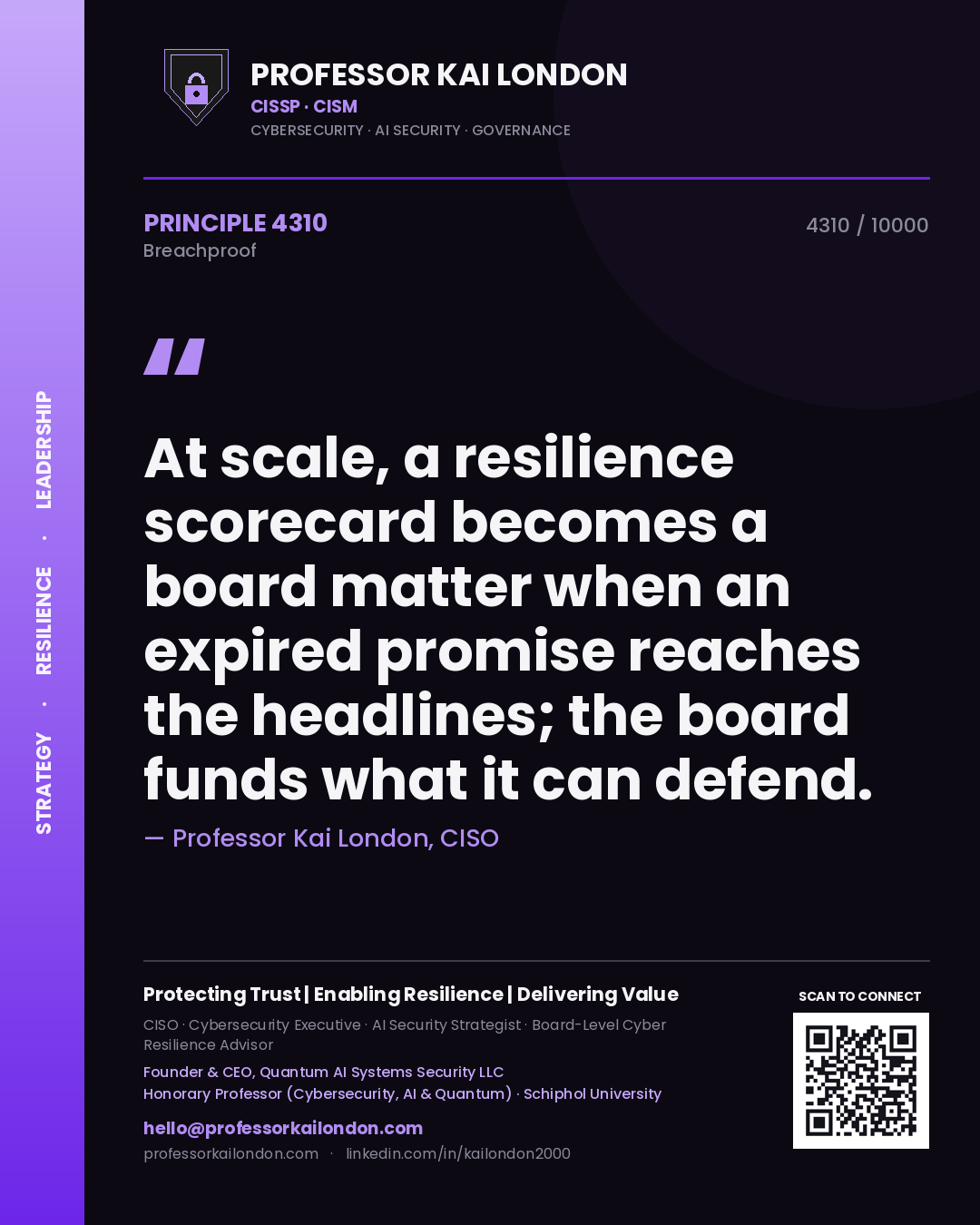 Professor Kai London principle 4310: At scale, a resilience scorecard becomes a board matter when an expired promise reaches the headlines; the board funds what it can defend.