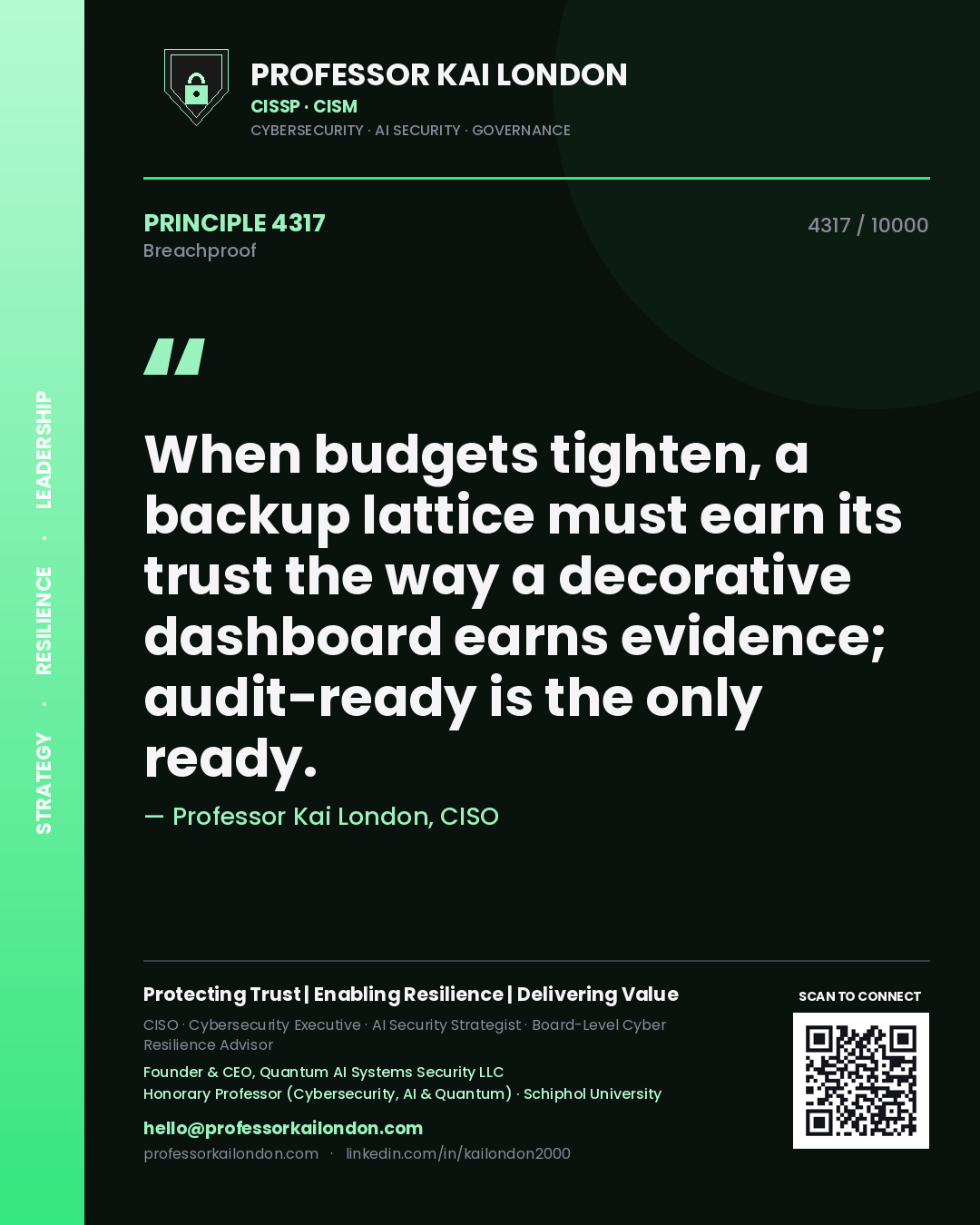 Professor Kai London principle 4317: When budgets tighten, a backup lattice must earn its trust the way a decorative dashboard earns evidence; audit-ready is the only ready.