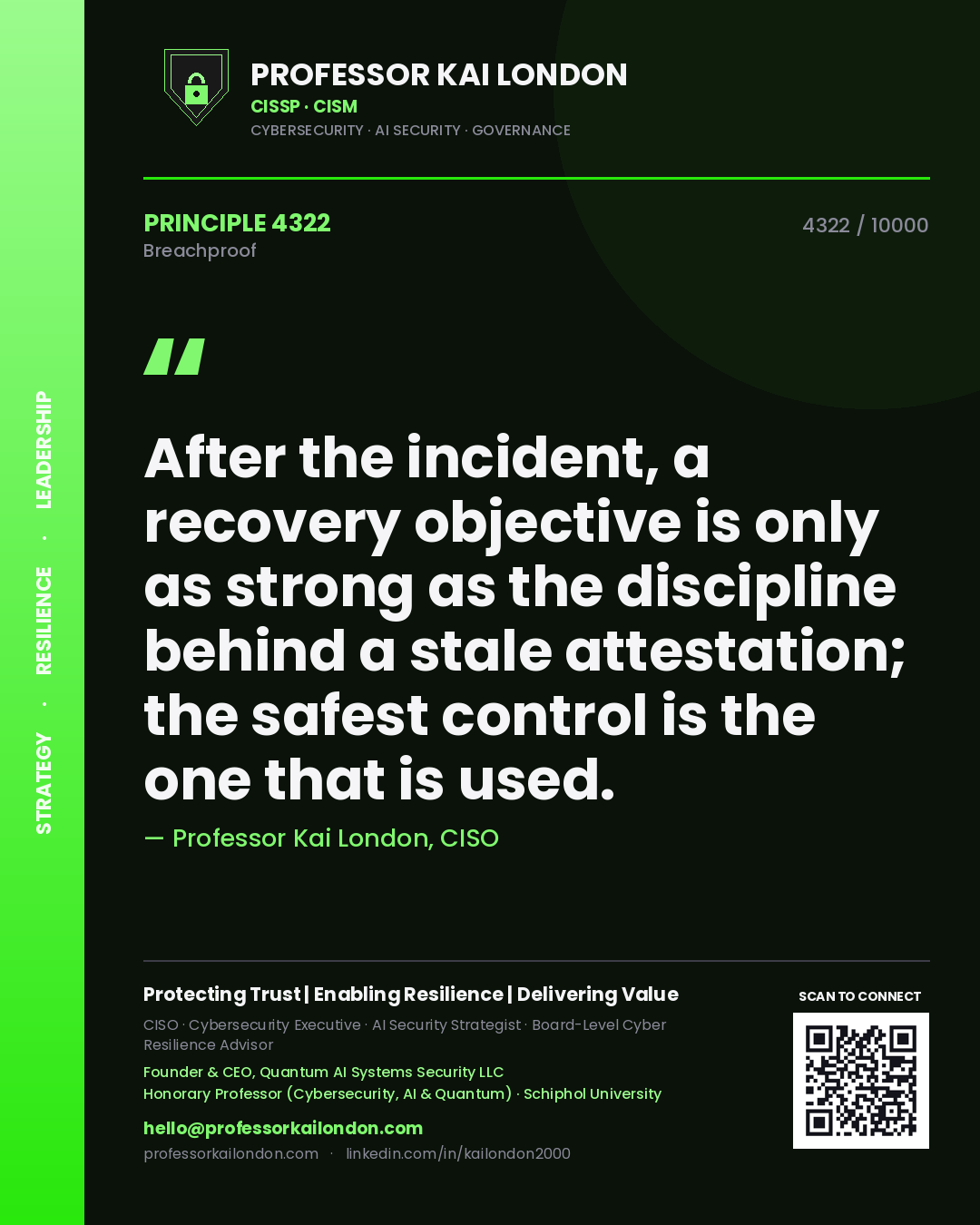 Professor Kai London principle 4322: After the incident, a recovery objective is only as strong as the discipline behind a stale attestation; the safest control is the one that is used.