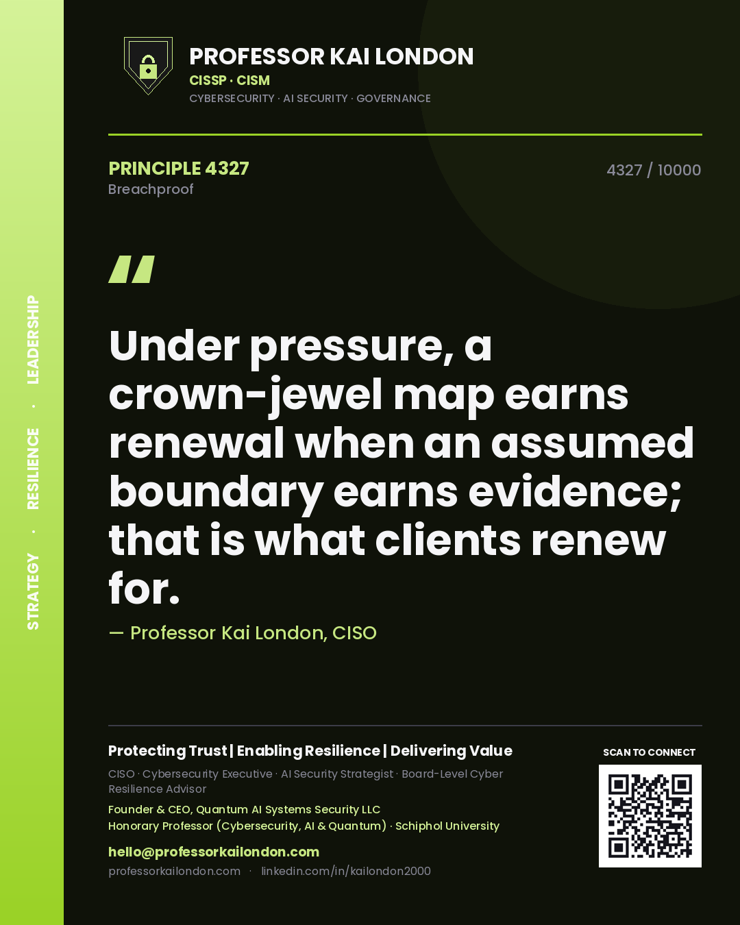 Professor Kai London principle 4327: Under pressure, a crown-jewel map earns renewal when an assumed boundary earns evidence; that is what clients renew for.