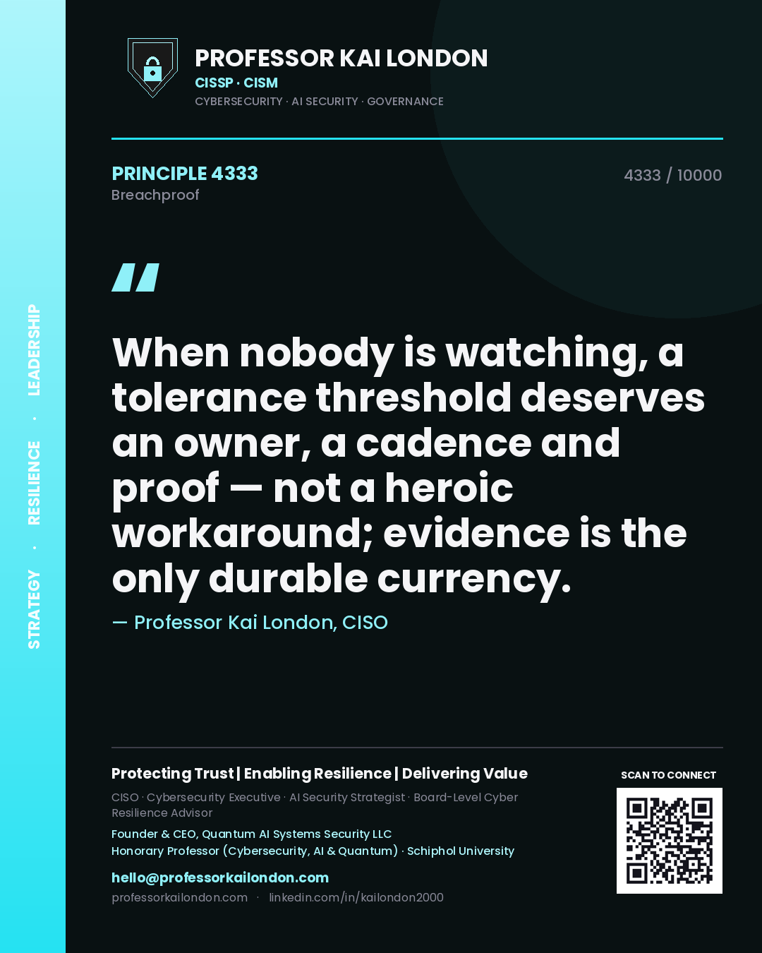 Professor Kai London principle 4333: When nobody is watching, a tolerance threshold deserves an owner, a cadence and proof — not a heroic workaround; evidence is the only durable currency.