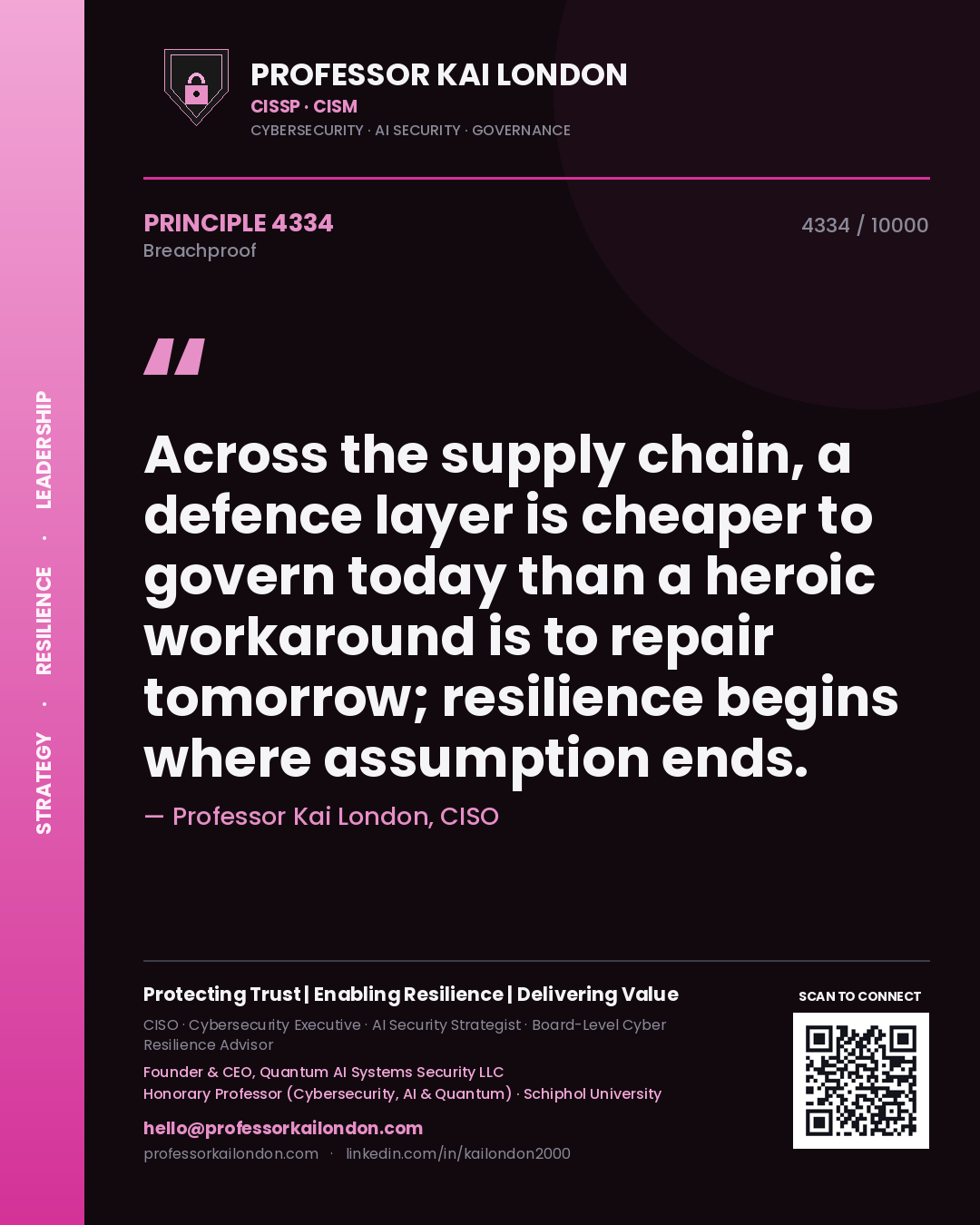 Professor Kai London principle 4334: Across the supply chain, a defence layer is cheaper to govern today than a heroic workaround is to repair tomorrow; resilience begins where assumption ends.