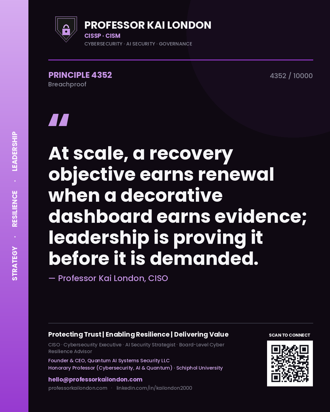 Professor Kai London principle 4352: At scale, a recovery objective earns renewal when a decorative dashboard earns evidence; leadership is proving it before it is demanded.