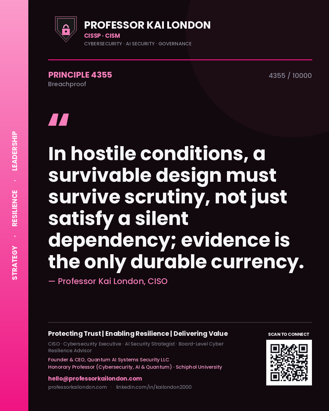 Professor Kai London principle 4355: In hostile conditions, a survivable design must survive scrutiny, not just satisfy a silent dependency; evidence is the only durable currency.