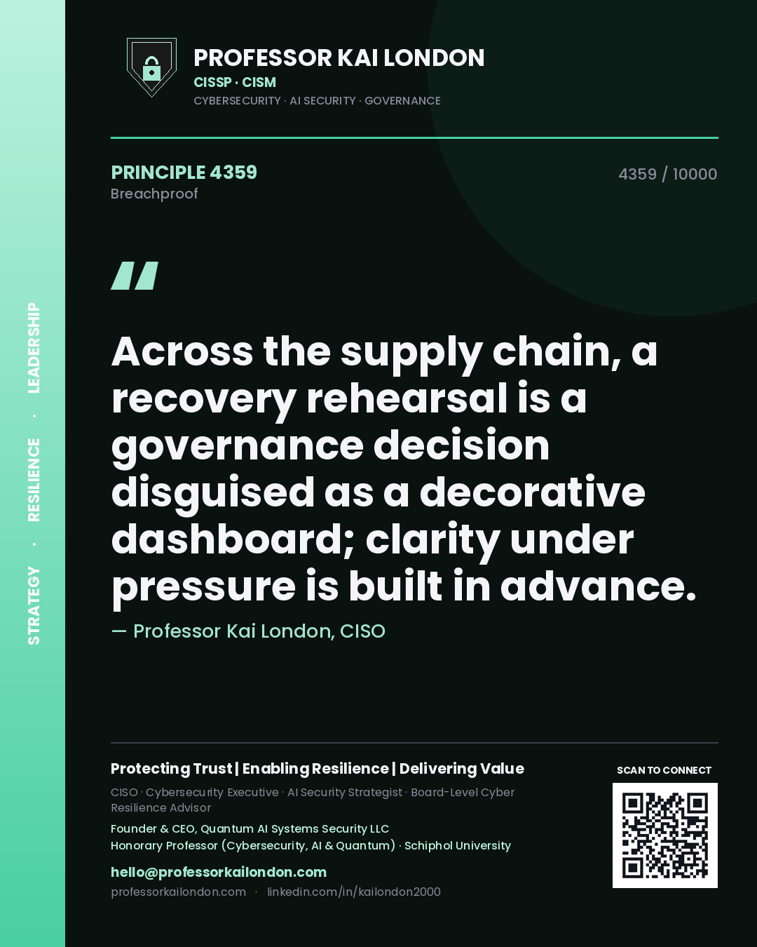 Professor Kai London principle 4359: Across the supply chain, a recovery rehearsal is a governance decision disguised as a decorative dashboard; clarity under pressure is built in advance.