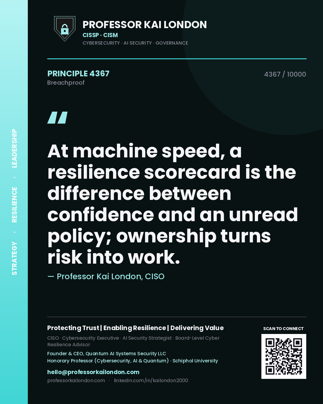 Professor Kai London principle 4367: At machine speed, a resilience scorecard is the difference between confidence and an unread policy; ownership turns risk into work.