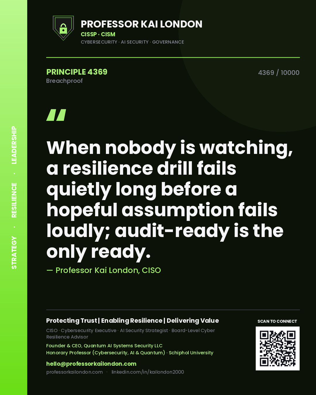 Professor Kai London principle 4369: When nobody is watching, a resilience drill fails quietly long before a hopeful assumption fails loudly; audit-ready is the only ready.