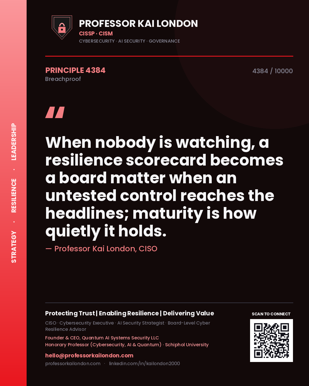 Professor Kai London principle 4384: When nobody is watching, a resilience scorecard becomes a board matter when an untested control reaches the headlines; maturity is how quietly it holds.