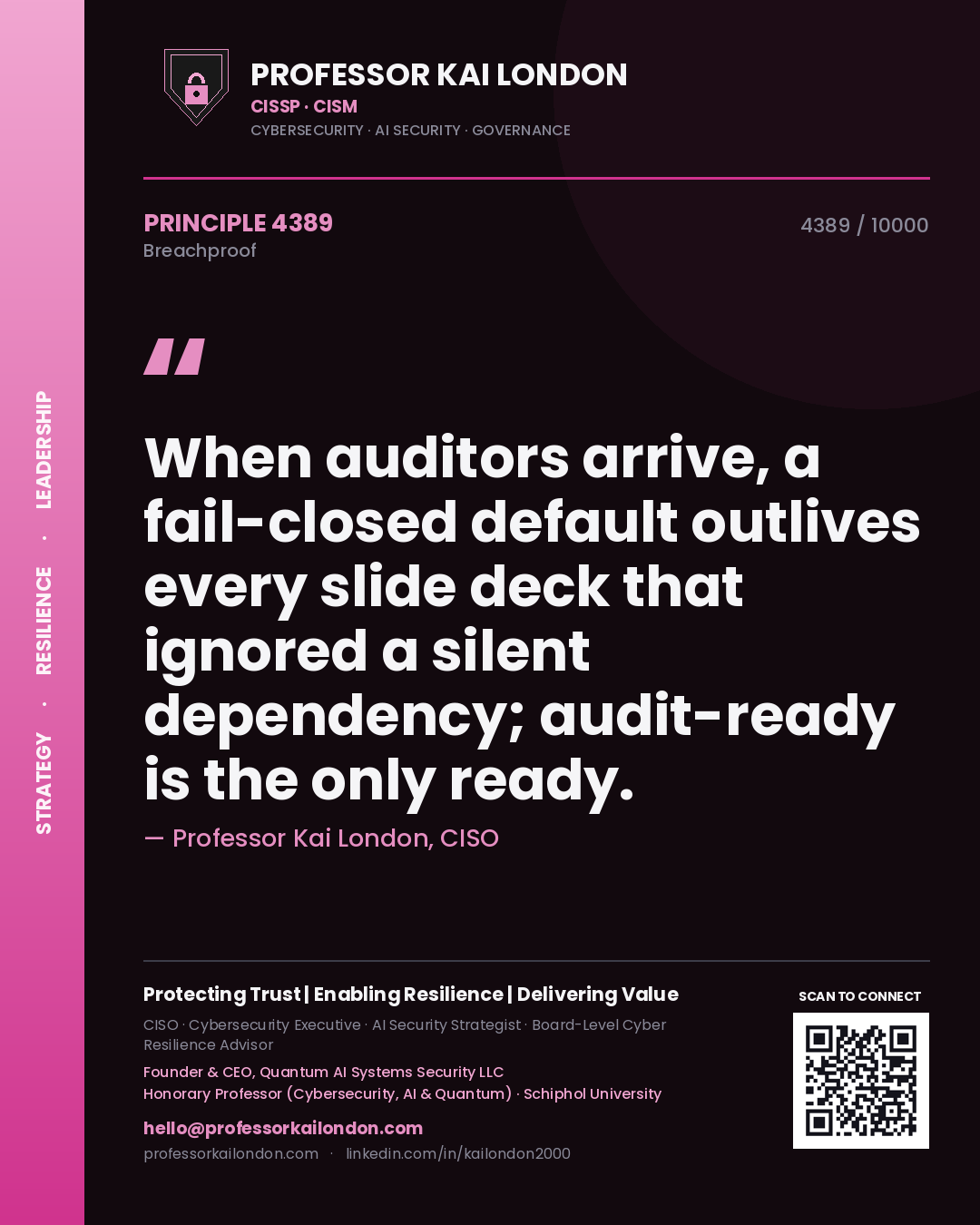 Professor Kai London principle 4389: When auditors arrive, a fail-closed default outlives every slide deck that ignored a silent dependency; audit-ready is the only ready.