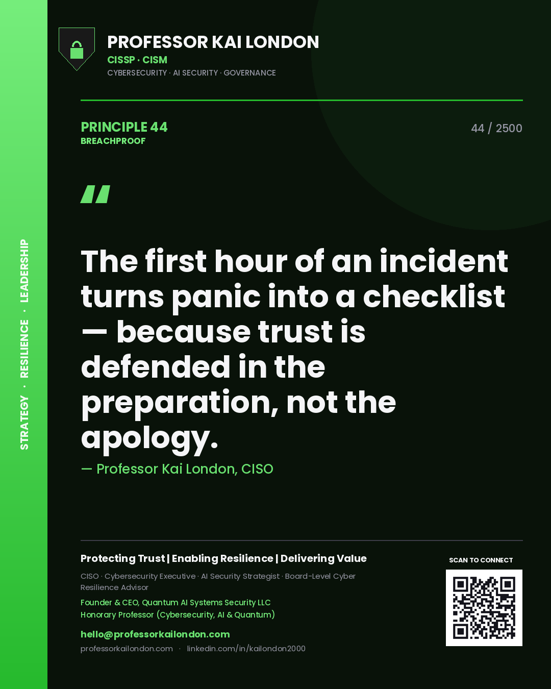 Professor Kai London principle 44: The first hour of an incident turns panic into a checklist — because trust is defended in the preparation, not the apology.