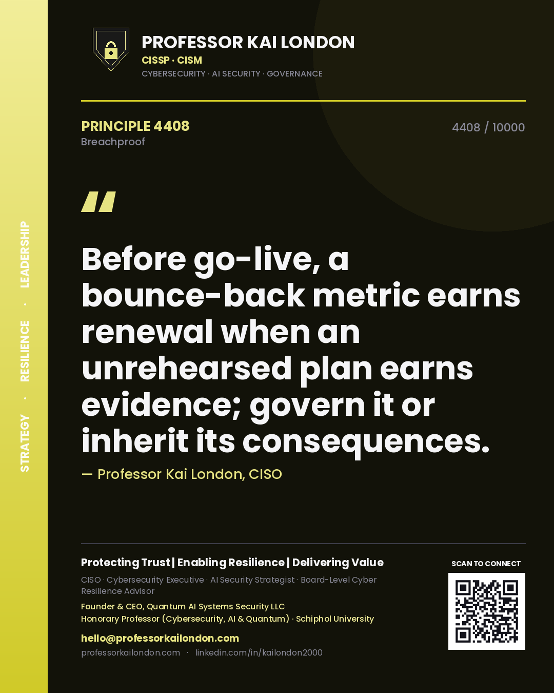 Professor Kai London principle 4408: Before go-live, a bounce-back metric earns renewal when an unrehearsed plan earns evidence; govern it or inherit its consequences.