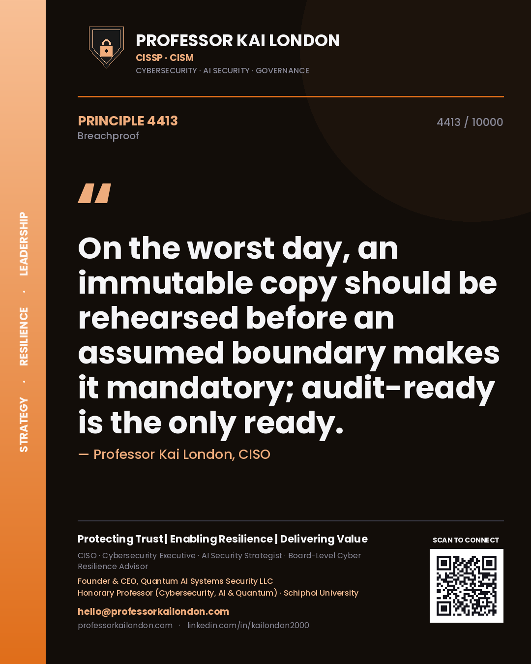 Professor Kai London principle 4413: On the worst day, an immutable copy should be rehearsed before an assumed boundary makes it mandatory; audit-ready is the only ready.