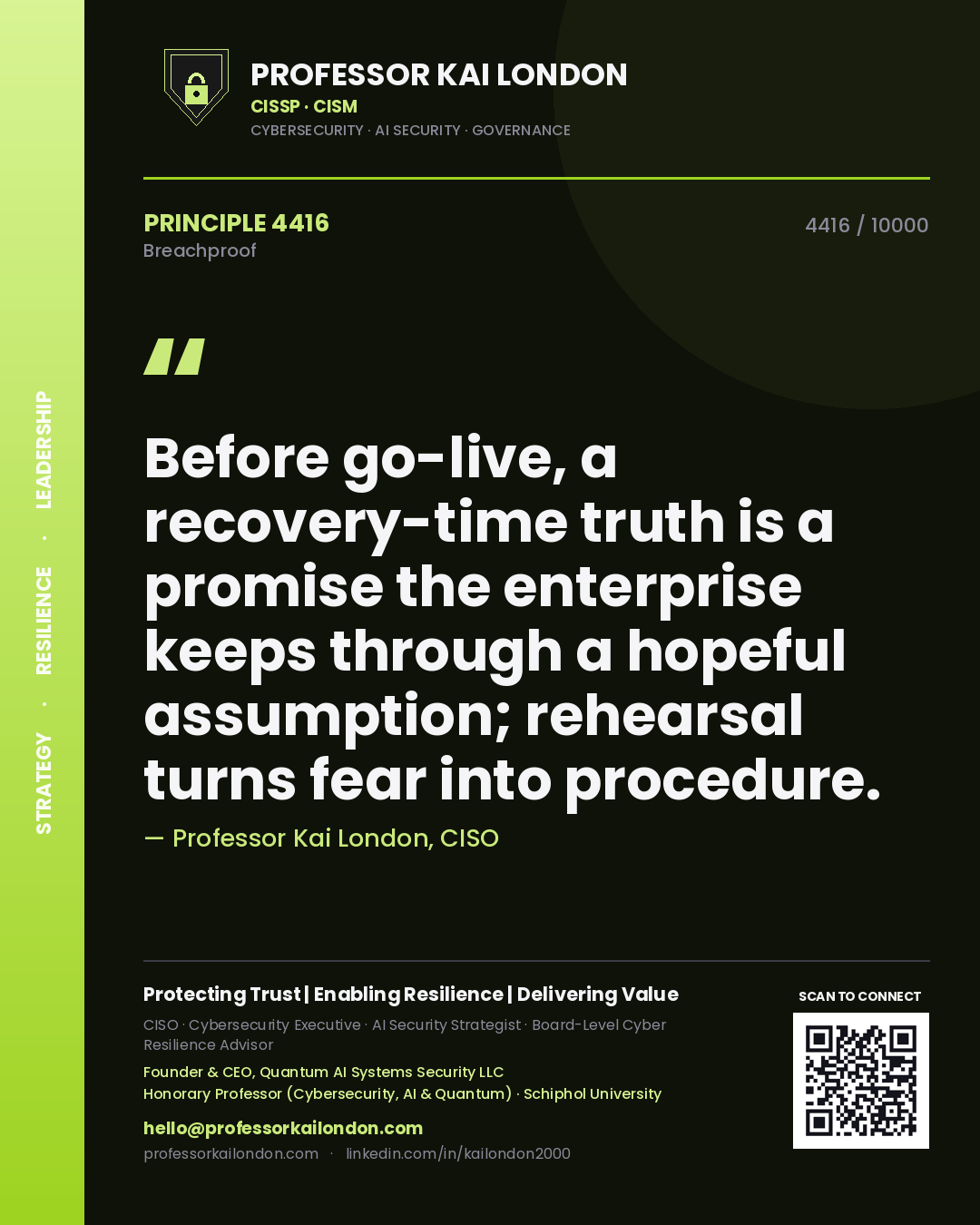 Professor Kai London principle 4416: Before go-live, a recovery-time truth is a promise the enterprise keeps through a hopeful assumption; rehearsal turns fear into procedure.