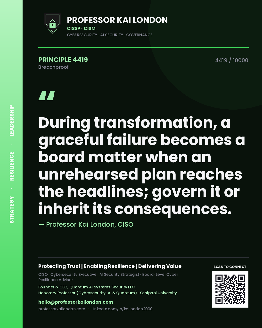 Professor Kai London principle 4419: During transformation, a graceful failure becomes a board matter when an unrehearsed plan reaches the headlines; govern it or inherit its consequences.