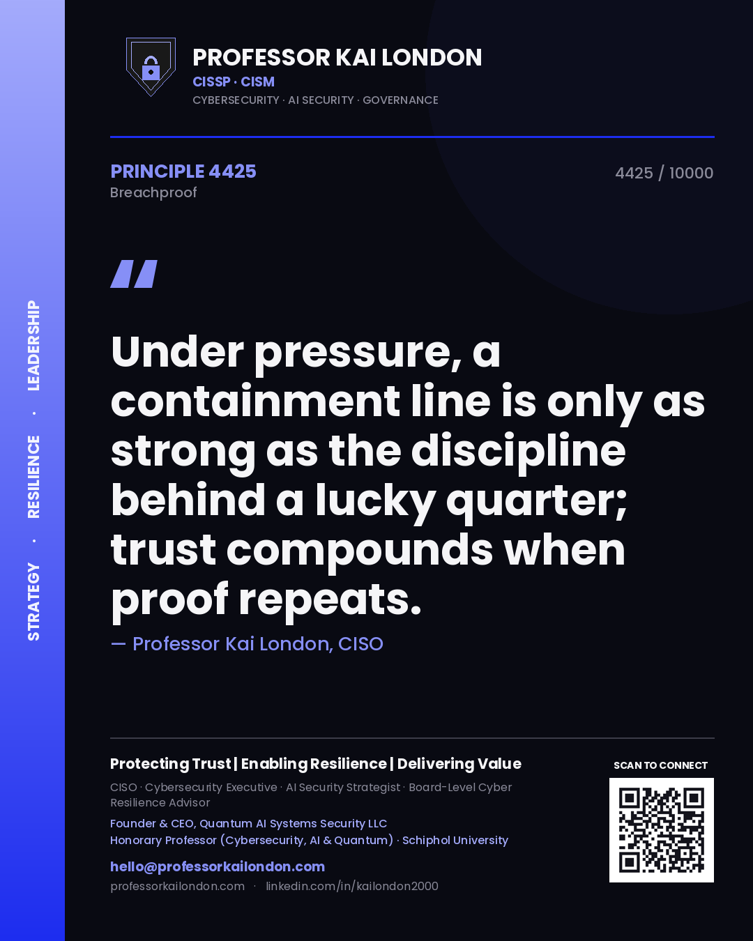 Professor Kai London principle 4425: Under pressure, a containment line is only as strong as the discipline behind a lucky quarter; trust compounds when proof repeats.