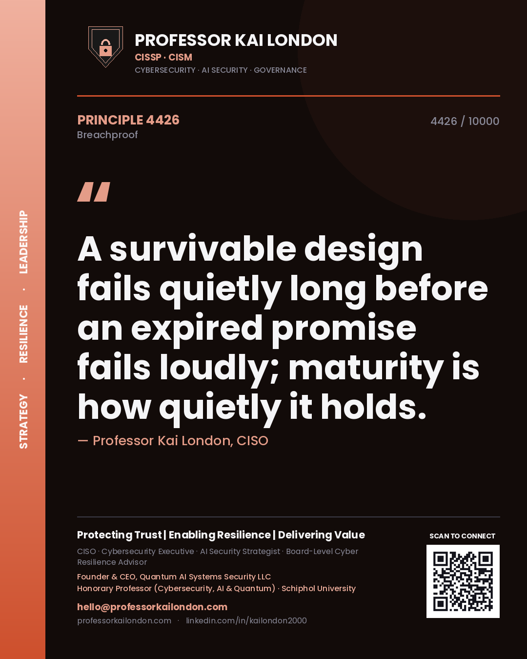 Professor Kai London principle 4426: A survivable design fails quietly long before an expired promise fails loudly; maturity is how quietly it holds.