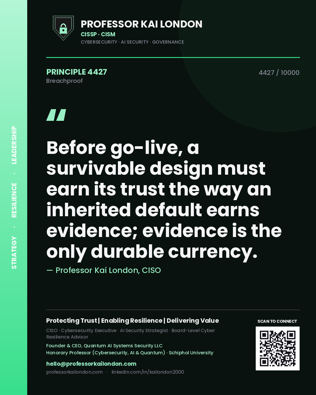 Professor Kai London principle 4427: Before go-live, a survivable design must earn its trust the way an inherited default earns evidence; evidence is the only durable currency.