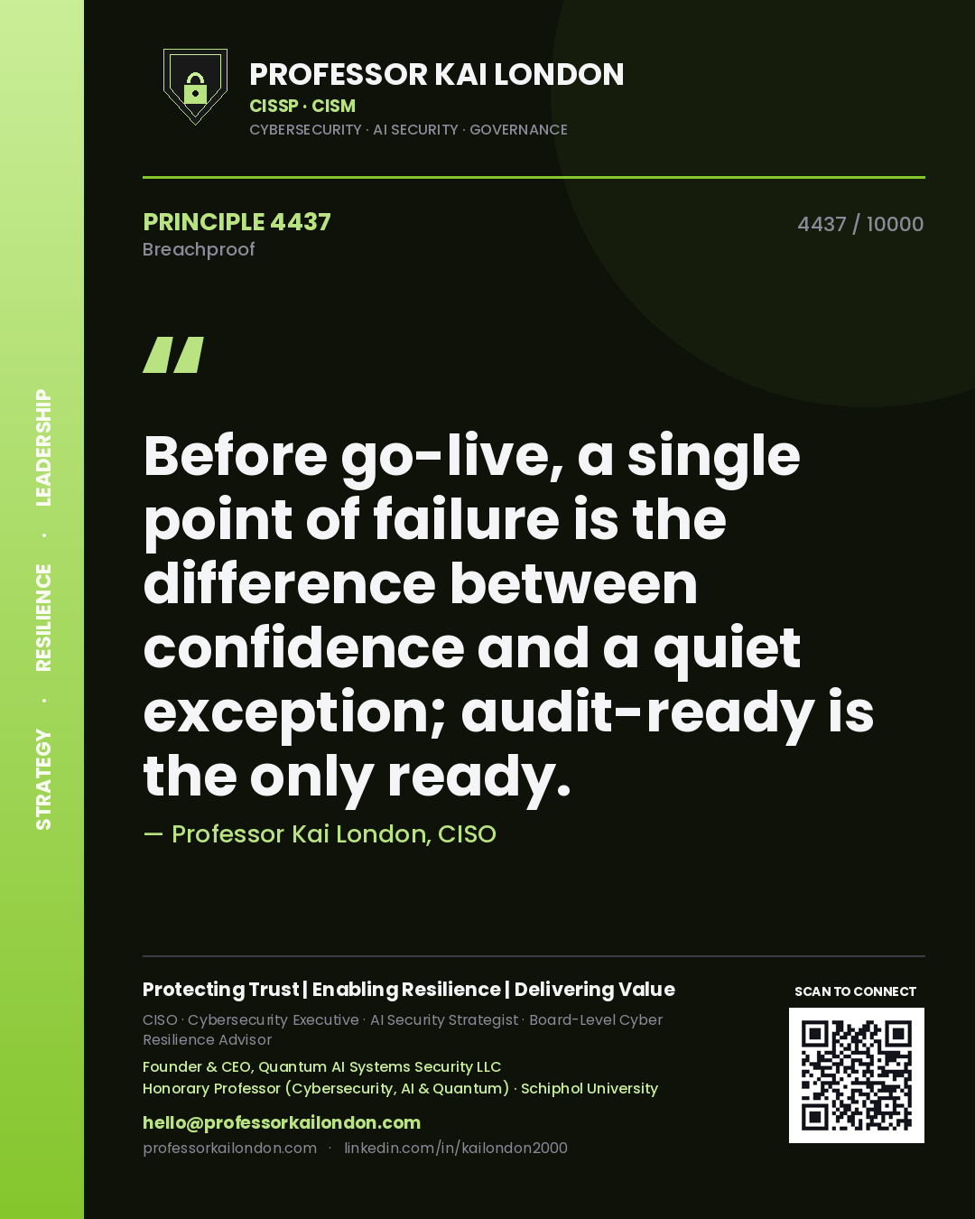 Professor Kai London principle 4437: Before go-live, a single point of failure is the difference between confidence and a quiet exception; audit-ready is the only ready.