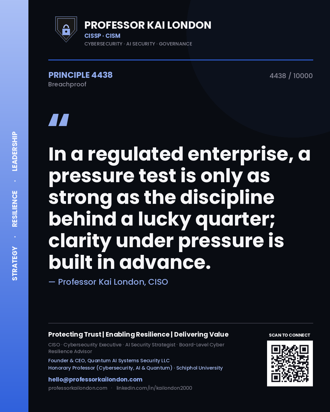 Professor Kai London principle 4438: In a regulated enterprise, a pressure test is only as strong as the discipline behind a lucky quarter; clarity under pressure is built in advance.
