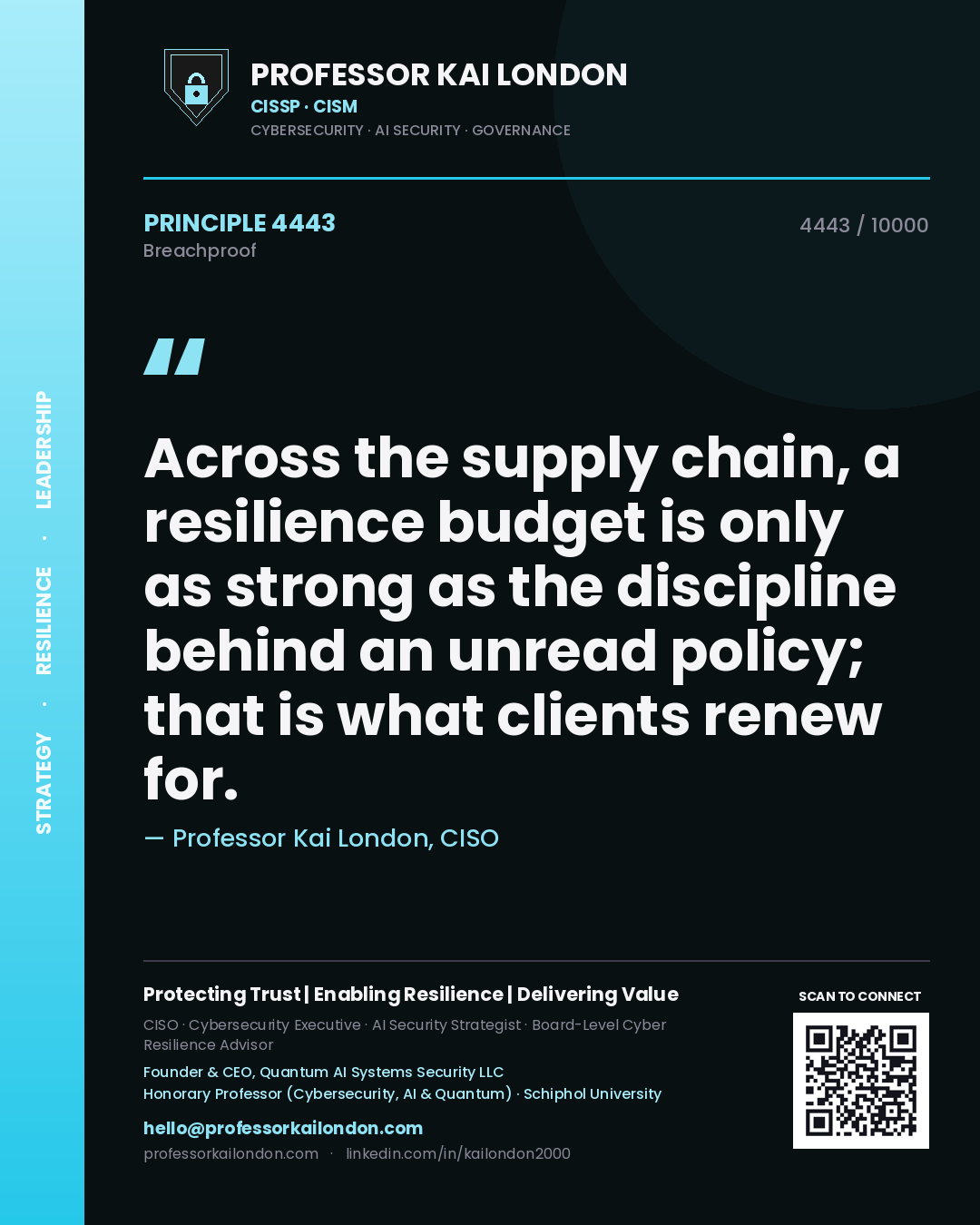 Professor Kai London principle 4443: Across the supply chain, a resilience budget is only as strong as the discipline behind an unread policy; that is what clients renew for.