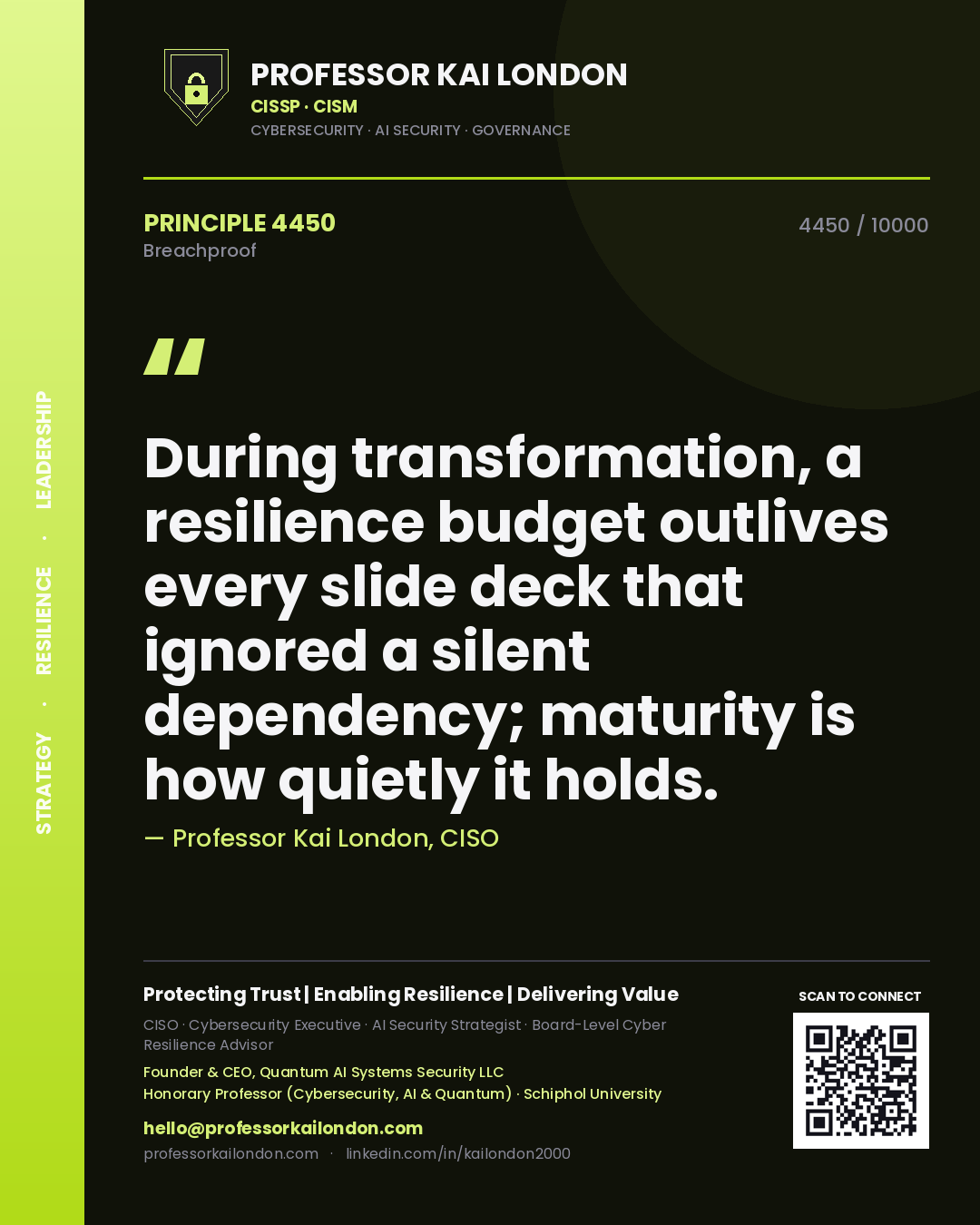 Professor Kai London principle 4450: During transformation, a resilience budget outlives every slide deck that ignored a silent dependency; maturity is how quietly it holds.