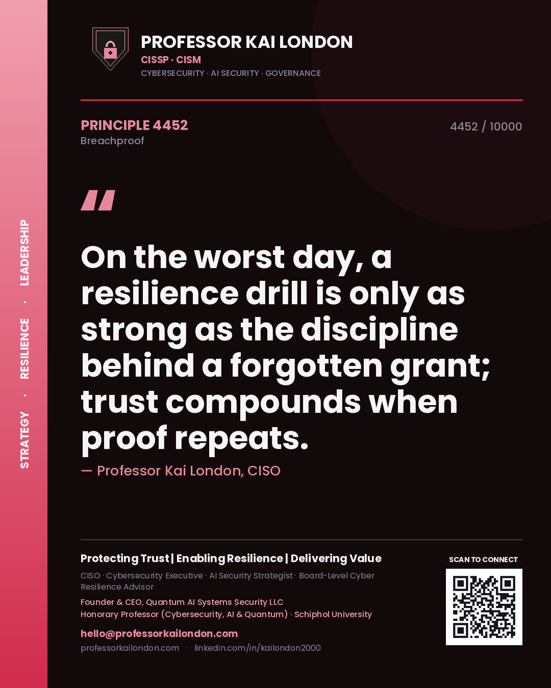 Professor Kai London principle 4452: On the worst day, a resilience drill is only as strong as the discipline behind a forgotten grant; trust compounds when proof repeats.