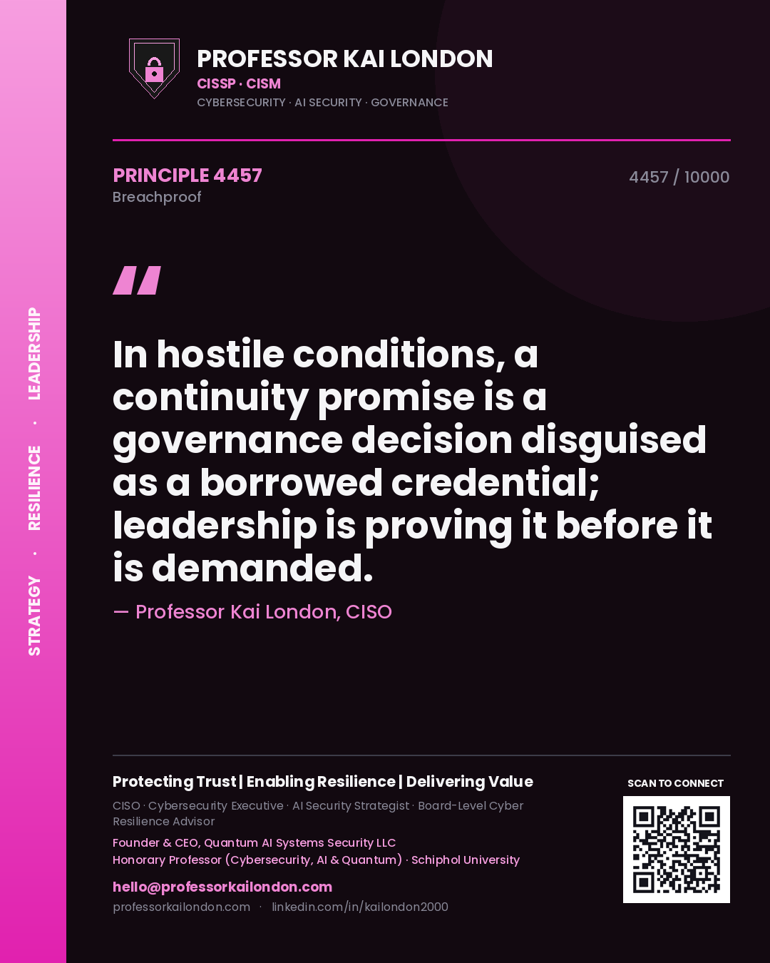 Professor Kai London principle 4457: In hostile conditions, a continuity promise is a governance decision disguised as a borrowed credential; leadership is proving it before it is demanded.