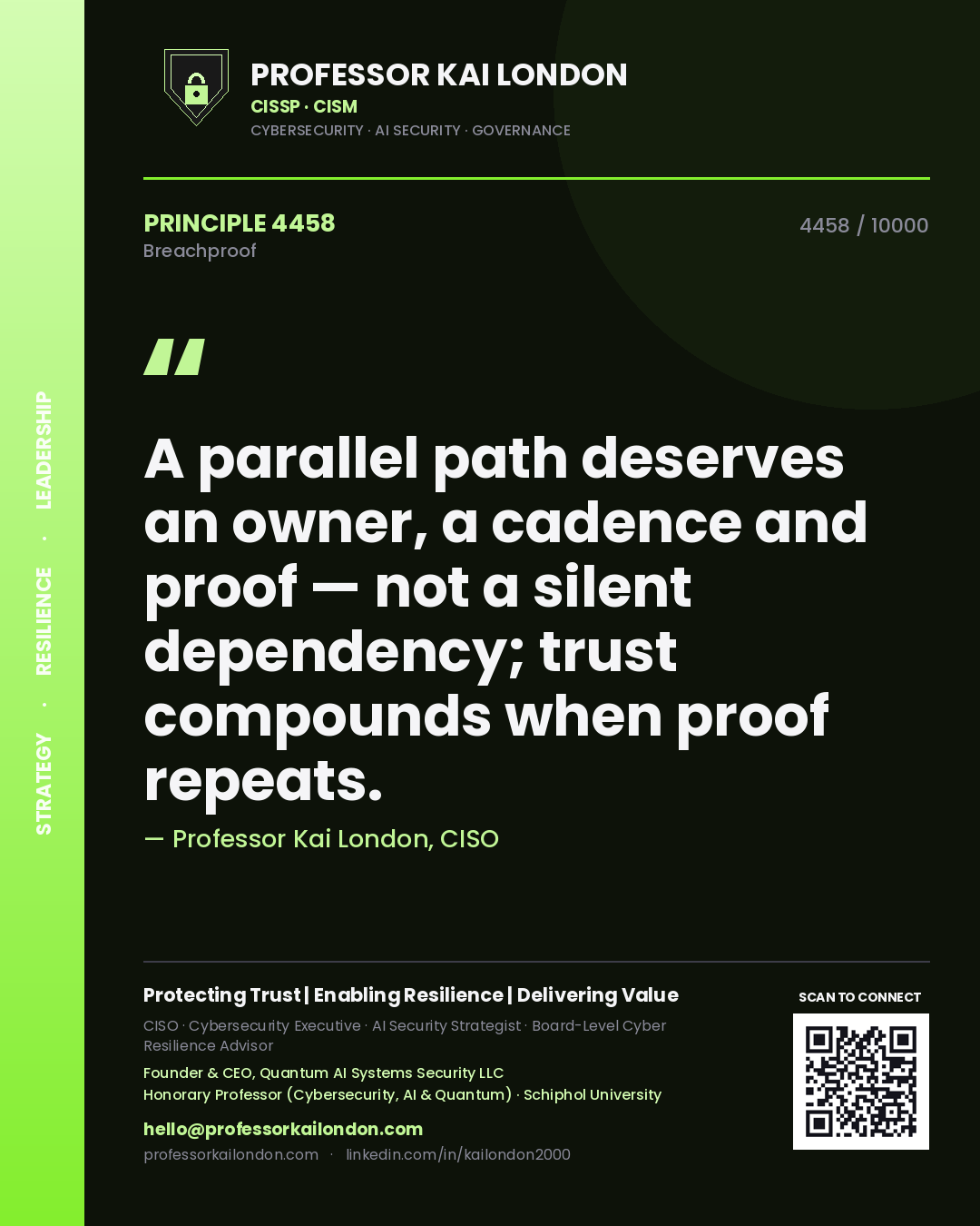 Professor Kai London principle 4458: A parallel path deserves an owner, a cadence and proof — not a silent dependency; trust compounds when proof repeats.