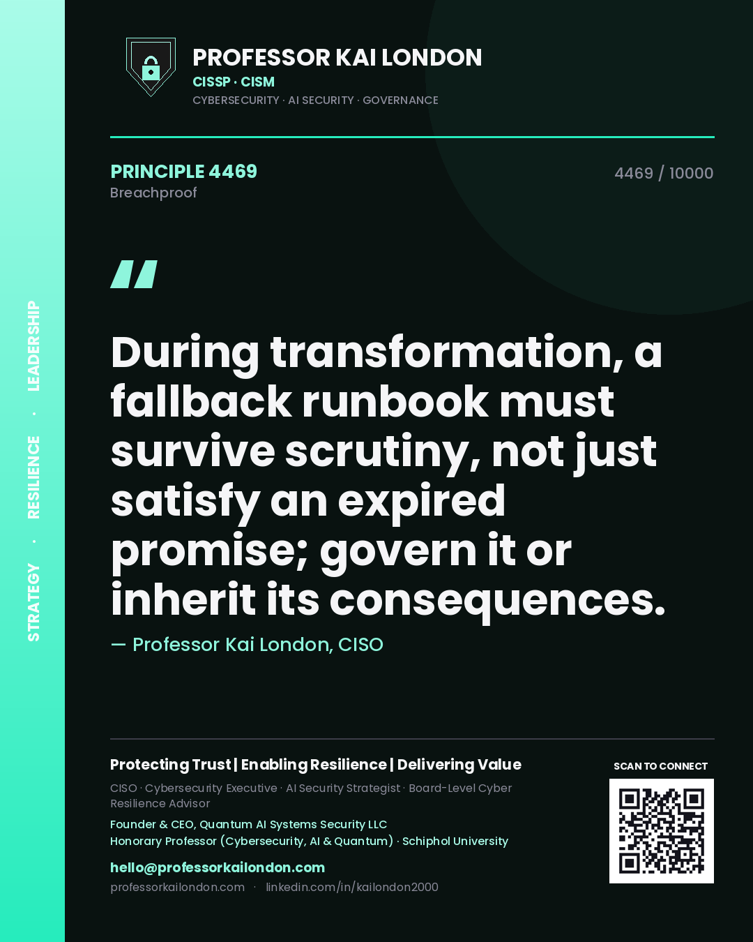 Professor Kai London principle 4469: During transformation, a fallback runbook must survive scrutiny, not just satisfy an expired promise; govern it or inherit its consequences.