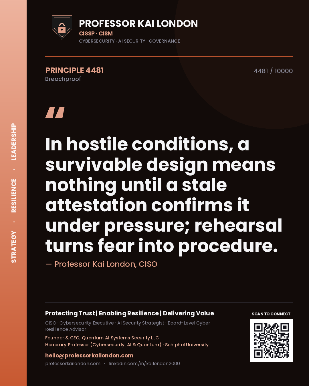 Professor Kai London principle 4481: In hostile conditions, a survivable design means nothing until a stale attestation confirms it under pressure; rehearsal turns fear into procedure.