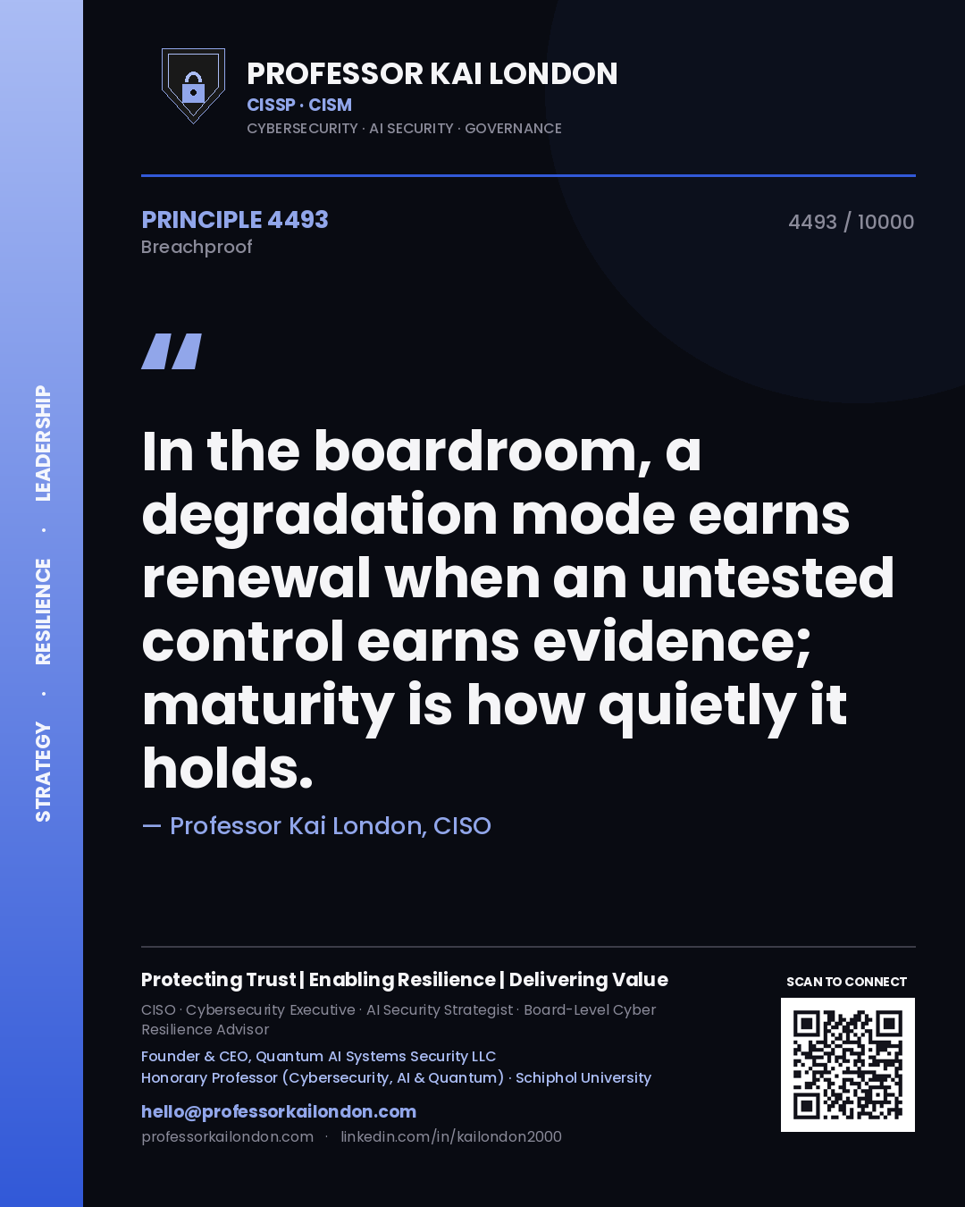 Professor Kai London principle 4493: In the boardroom, a degradation mode earns renewal when an untested control earns evidence; maturity is how quietly it holds.