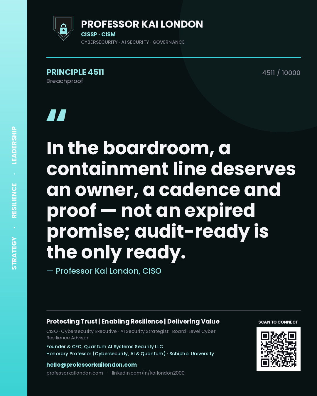 Professor Kai London principle 4511: In the boardroom, a containment line deserves an owner, a cadence and proof — not an expired promise; audit-ready is the only ready.