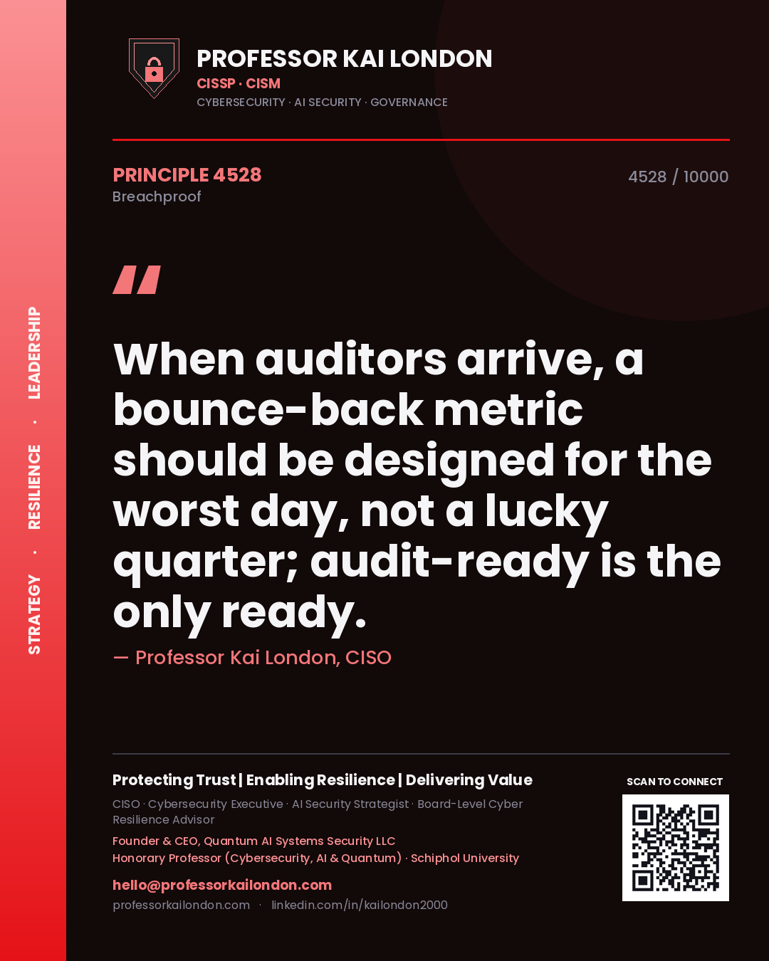 Professor Kai London principle 4528: When auditors arrive, a bounce-back metric should be designed for the worst day, not a lucky quarter; audit-ready is the only ready.