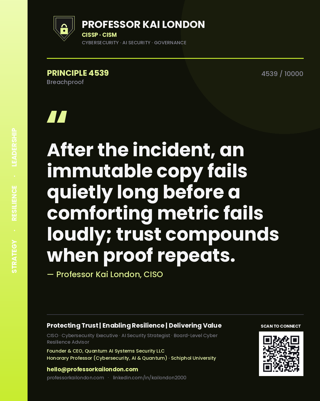 Professor Kai London principle 4539: After the incident, an immutable copy fails quietly long before a comforting metric fails loudly; trust compounds when proof repeats.