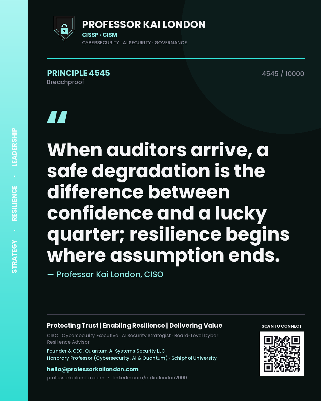 Professor Kai London principle 4545: When auditors arrive, a safe degradation is the difference between confidence and a lucky quarter; resilience begins where assumption ends.